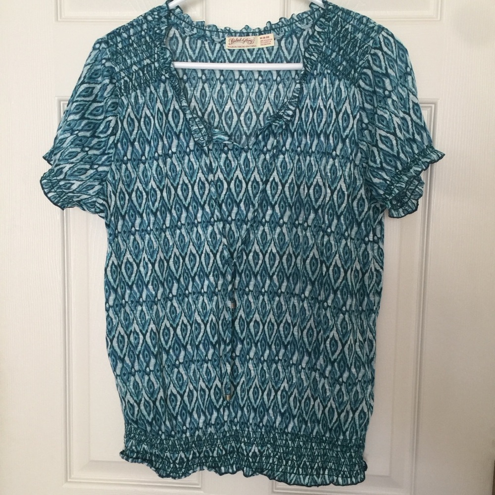 Faded Glory Geometrical Print Blouse Medium Teal Ruffle Short Sleeve Tassels - Picture 5 of 5